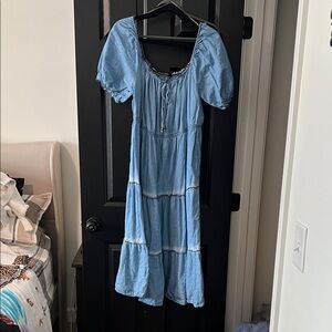 Blue Puff Sleeve Midi Dress